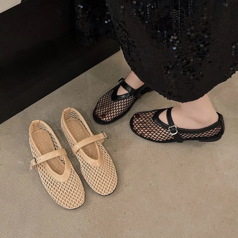 Wear Round Toe, Straight Buckles, Casual and Comfortable, Women's Flats, Cut-out Mary Jane Single Shoes, fishnet Shoes