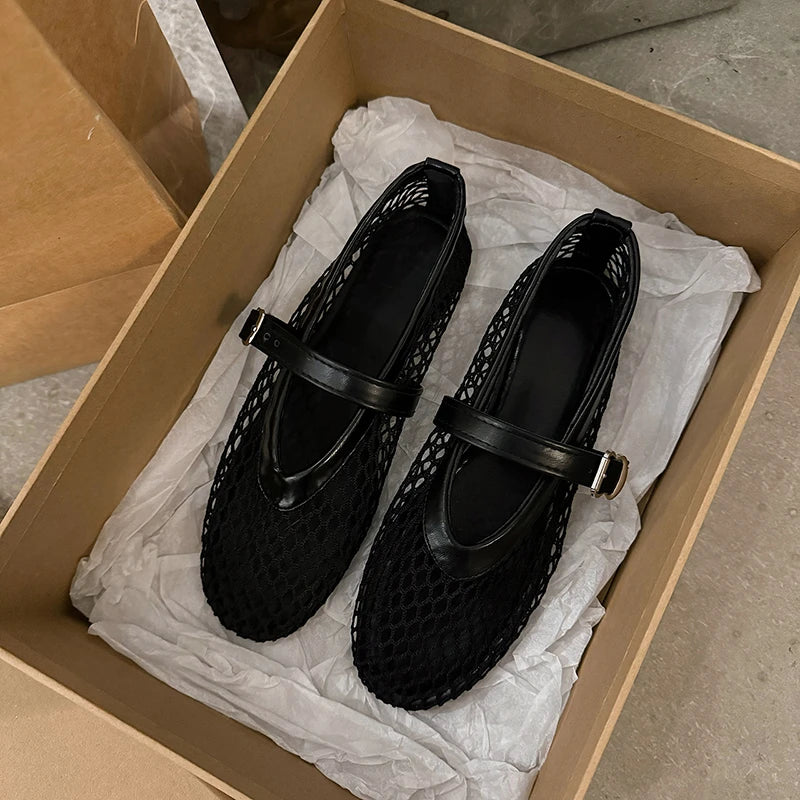 Wear Round Toe, Straight Buckles, Casual and Comfortable, Women's Flats, Cut-out Mary Jane Single Shoes, fishnet Shoes