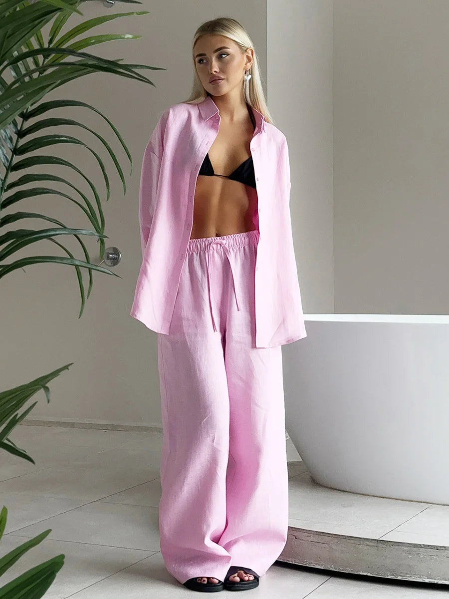 Women Casual Cozy Lapel Pink Shirt Pant