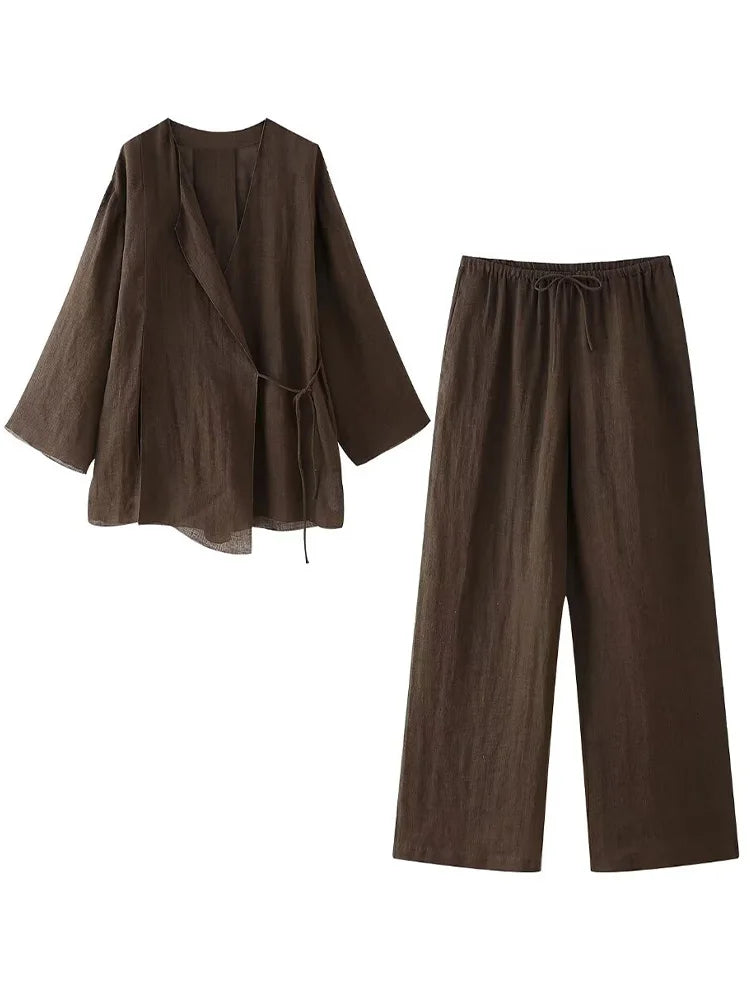 Solid Lace Up Shirts & Vintage Elastic Waist Trousers Casual Wear