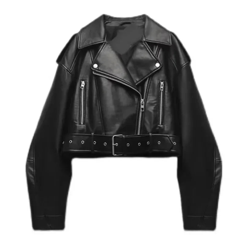 Women Oversized Vintage Leather Jacket with Belt