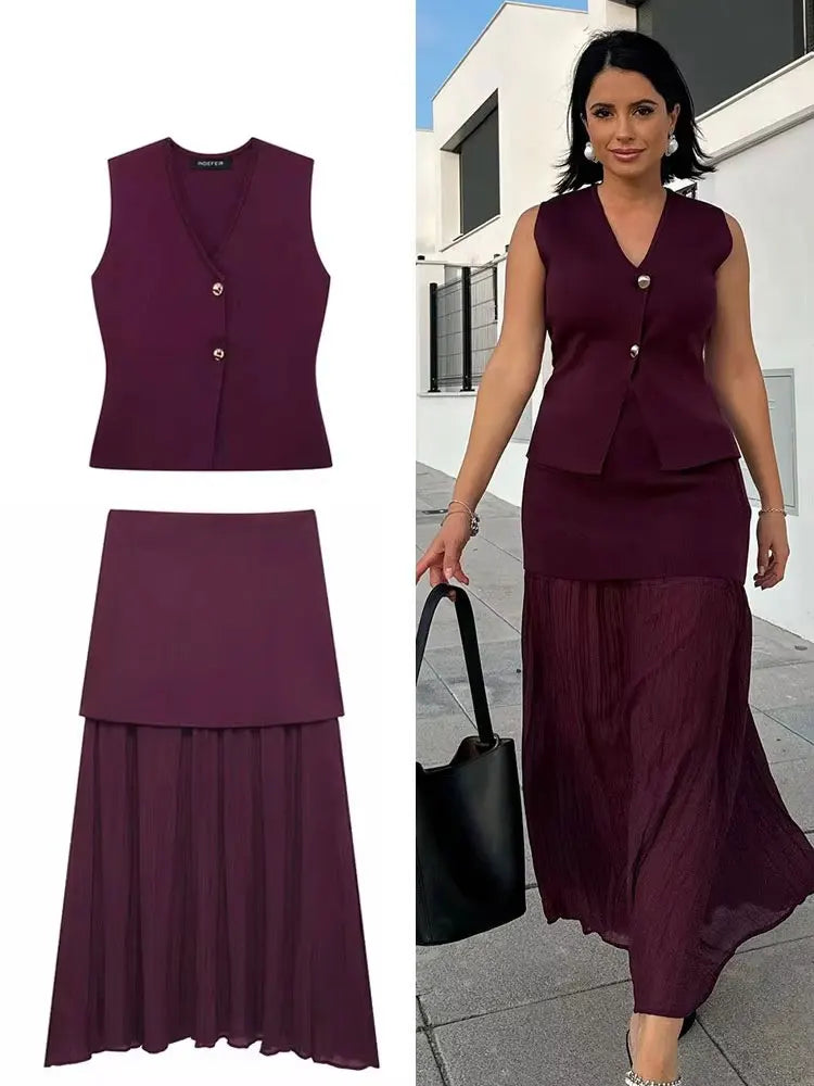 Wine Red Women Skirt Set