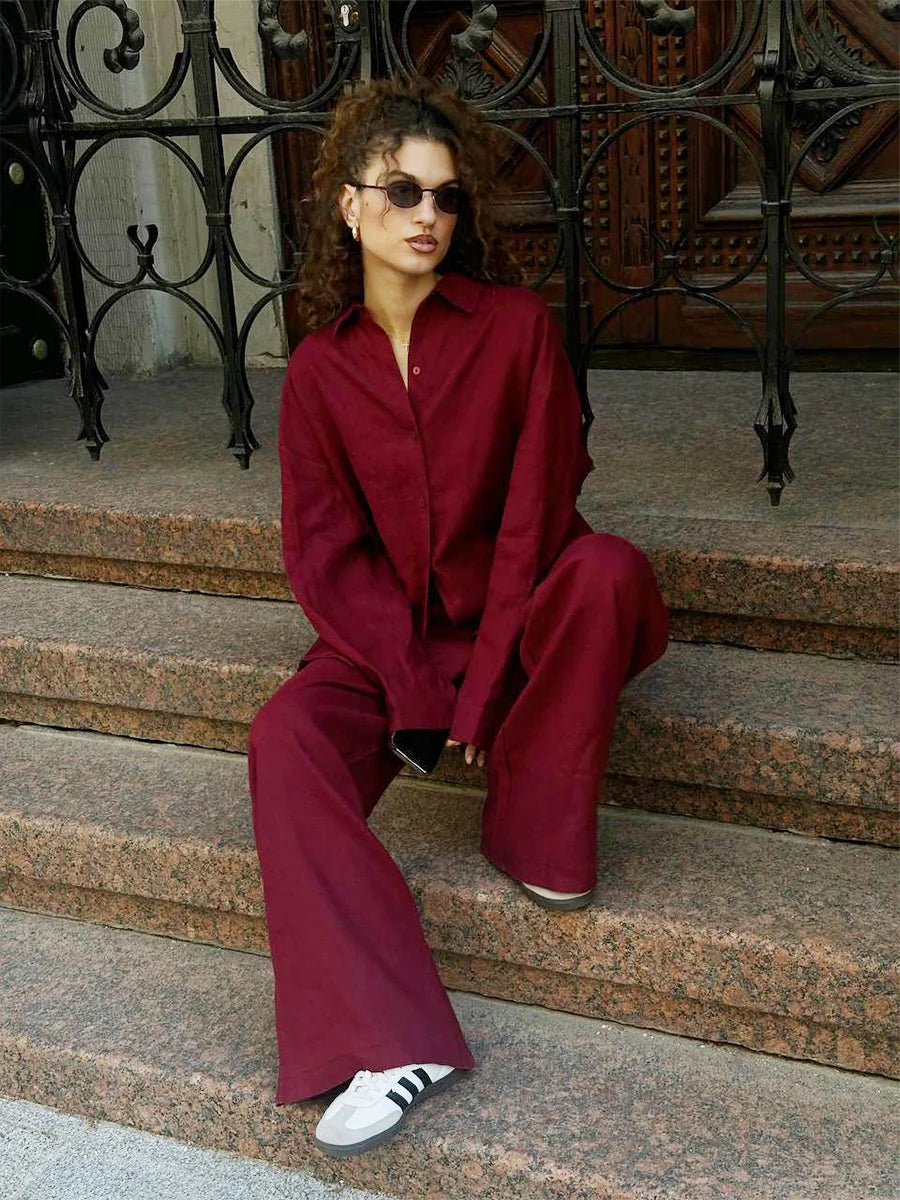 Women Casual Cozy Lapel Pink Shirt Pant