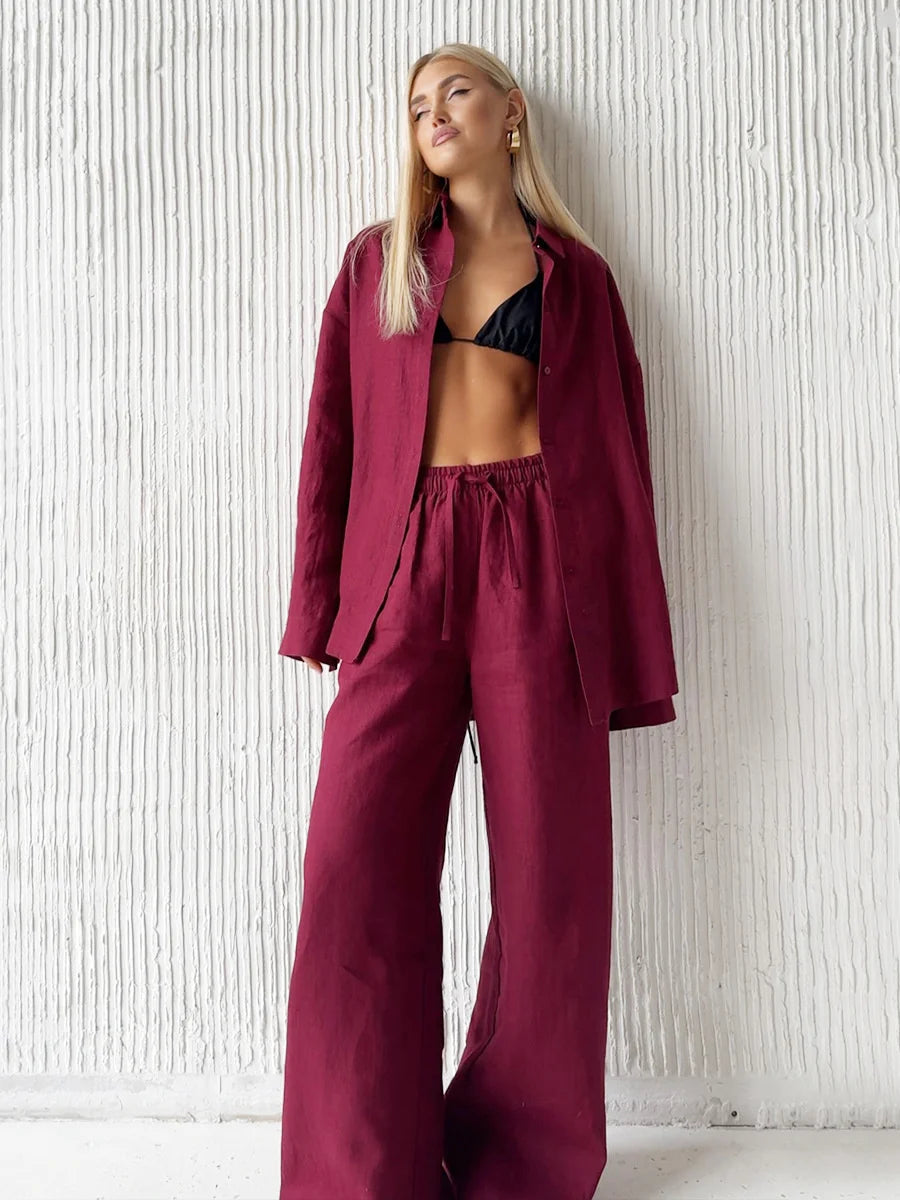 Women Casual Cozy Lapel Pink Shirt Pant