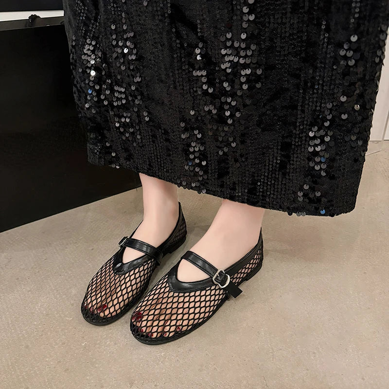 Wear Round Toe, Straight Buckles, Casual and Comfortable, Women's Flats, Cut-out Mary Jane Single Shoes, fishnet Shoes