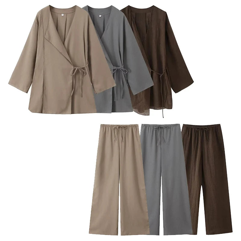 Solid Lace Up Shirts & Vintage Elastic Waist Trousers Casual Wear